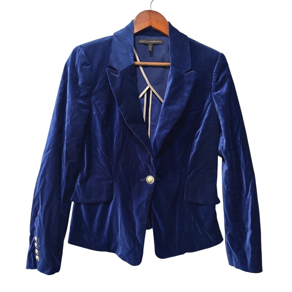 White House Black Market Royal Blue Velvet Blazer Gold Crest Button Size 6